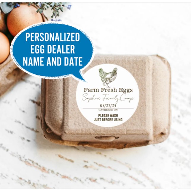 Pegatina Redonda Nombre del concesionario de huevos personalizado d (Personalized vintage egg dealer name with date)