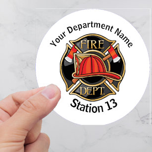 Pegatina Redonda Nombre del departamento de bomberos, logotipo y nú