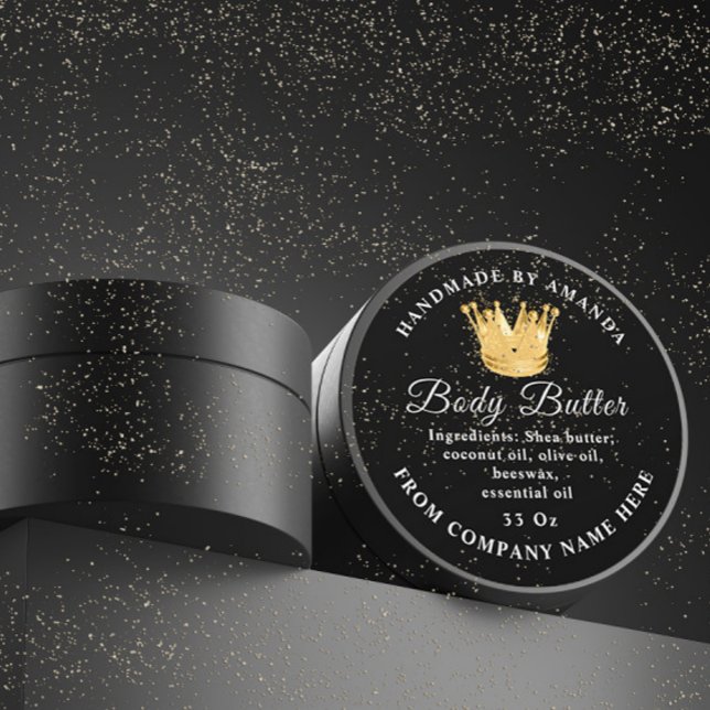 Pegatina Redonda Nombre del logotipo del personalizado Mantequilla  (Custom Logo Name Body Butter Scrub Golden Crown Classic Round Sticker)