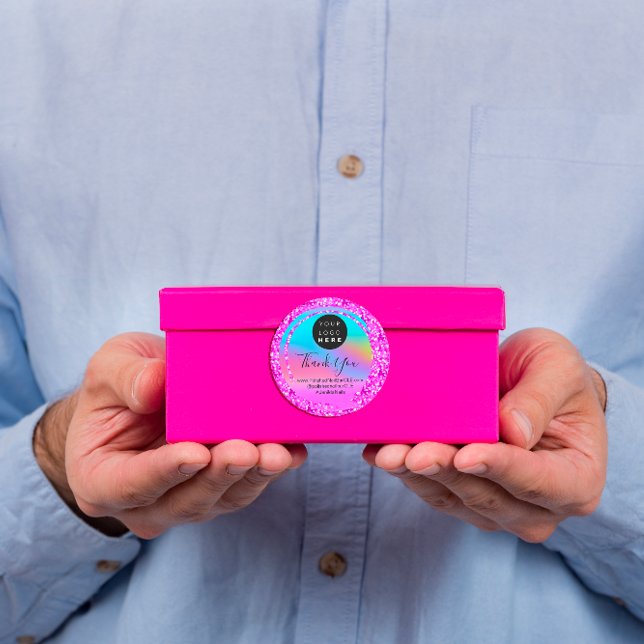 Pegatina Redonda Nombre del logotipo Gracias Purpurina de compras H (Logo Name Thank You Shopping Glitter Holograph Classic Round Sticker)