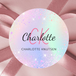 Pegatina Redonda Nombre del monograma holográfico de color rosa mor