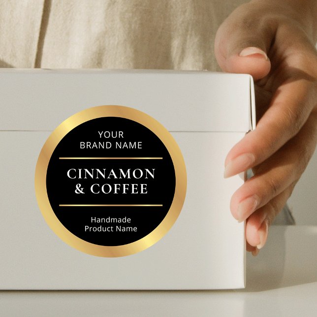 Pegatina Redonda Nombre del perfume del producto hecho a mano de Bl (Elegant black and gold handmade product labels - perfect for any type of packaging or product)