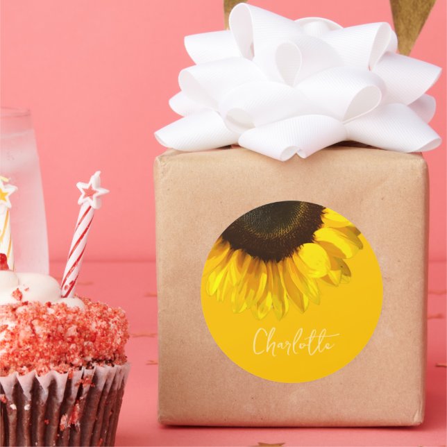 Pegatina Redonda Nombre del Personalizable de girasol amarillo en v (Fiesta)