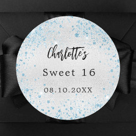 Pegatina Redonda Nombre del purpurina azul plateado de la fiesta de