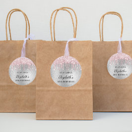 Pegatina Redonda Nombre del purpurina rosa plateado de cumpleaños