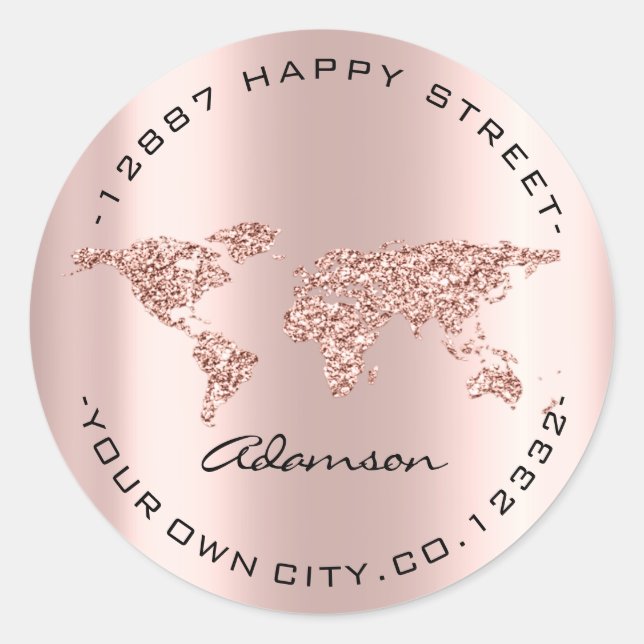 Pegatina Redonda Nombre del vestido Mapa Mundial de la Tierra Rosa  (Anverso)