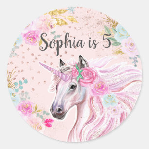 Pegatina Redonda Nombre Edad Unicornio Niña Rosa Floral Dorado Bril