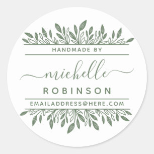 Pegatina Redonda Nombre escrito a mano Sage Green Botanical Handmad