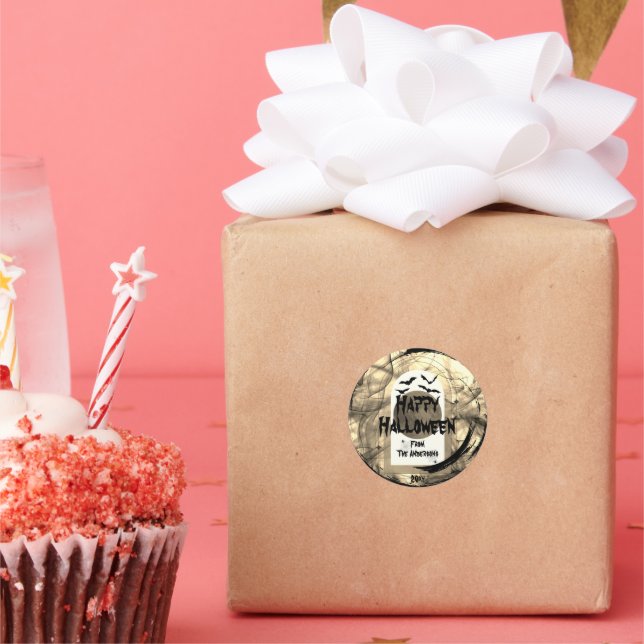 Pegatina Redonda Nombre familiar Spooky Bat Spider Web Happy Hallow (Fiesta)