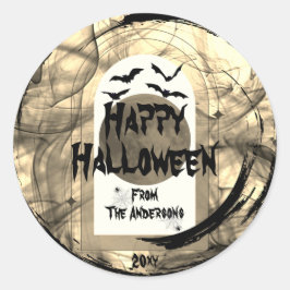 Pegatina Redonda Nombre familiar Spooky Bat Spider Web Happy Hallow