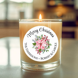 Pegatina Redonda Nombre Feliz Navidad Pink Poinsettia Bouquet 3-in