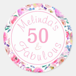 Pegatina Redonda Nombre floral Cincuenta y fabulosos Rosas morados 