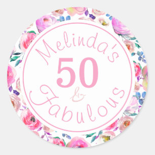 Pegatina Redonda Nombre floral Cincuenta y fabulosos Rosas morados 