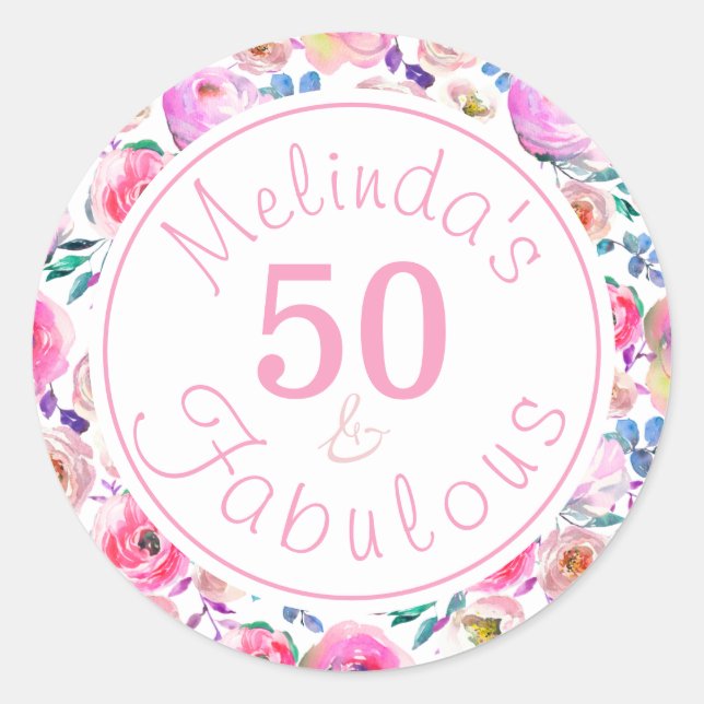 Pegatina Redonda Nombre floral Cincuenta y fabulosos Rosas morados  (Anverso)