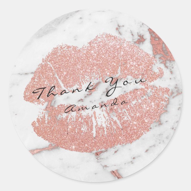 Pegatina Redonda Nombre Gracias Kiss Purpurina blanco Rosa de oro (Anverso)