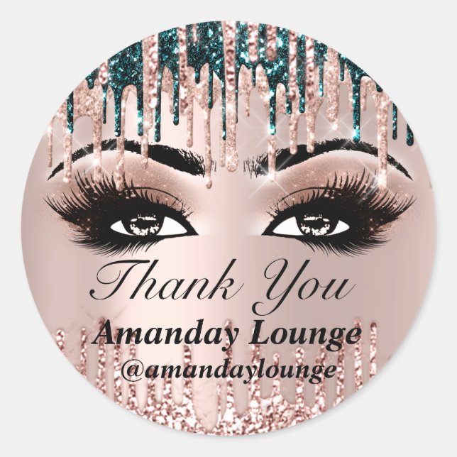 Pegatina Redonda Nombre Mink Lashes Extensión Drips Rosa Gracias (Anverso)