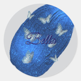 Pegatina Redonda Nombre moderno brillante azul real con mariposas