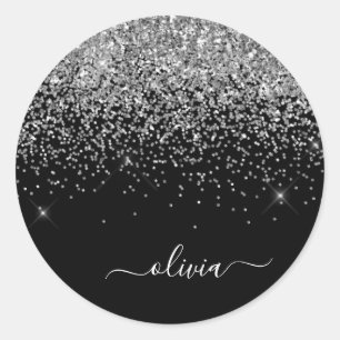 Pegatina Redonda Nombre Monograma Brillante Plata Negro Glitter Fem