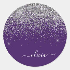 Pegatina Redonda Nombre Monograma Glitter Rosa Purpura Plateado