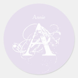 Pegatina Redonda Nombre Monograma Lavanda Elegante Plantilla simple