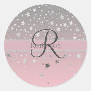 Pegatina Redonda Nombre Monograma Rosa Gris Plata Estrellas Tendenc