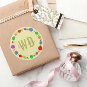 Pegatina Redonda Nombre monogramado Círculos coloridos amarillo púr