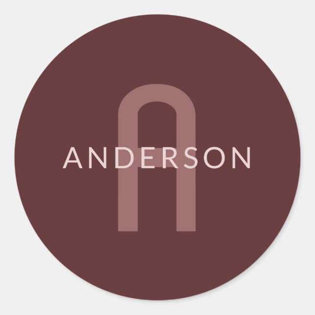 Pegatina Redonda Nombre Monogramado de aspecto moderno | Maroon Red (Anverso)