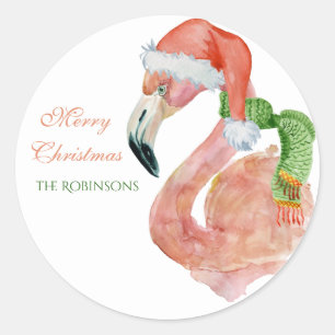 Pegatina Redonda Nombre personalizable Flamingo Rosa de Navidad San