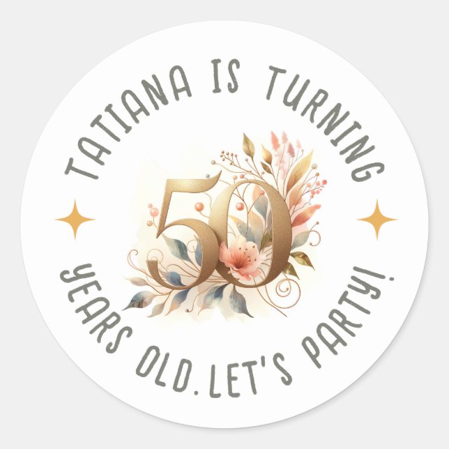 Pegatina Redonda Nombre personalizado 50.ª fiesta de cumpleaños flo (Anverso)