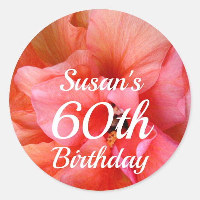 Pegatina Redonda Nombre personalizado 60º cumpleaños Naranja rosa f (Anverso)