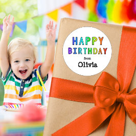 Pegatina Redonda Nombre personalizado Arcoiris Feliz cumpleaños