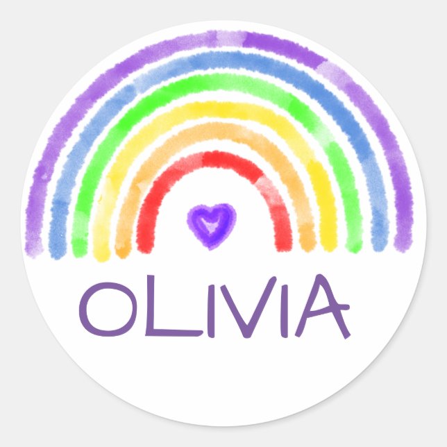 Pegatina Redonda Nombre personalizado Arcoiris y acuarela cardíaca (Anverso)