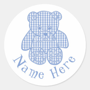 Pegatina Redonda Nombre personalizado Azul pálido Pastel Gingham T