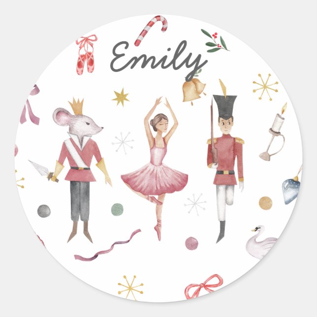 Pegatina Redonda Nombre personalizado Ballet Nutcracker Ballet Ball (Anverso)