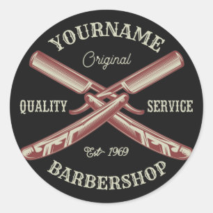 Pegatina Redonda NOMBRE personalizado Barber Straight Razor Barbers