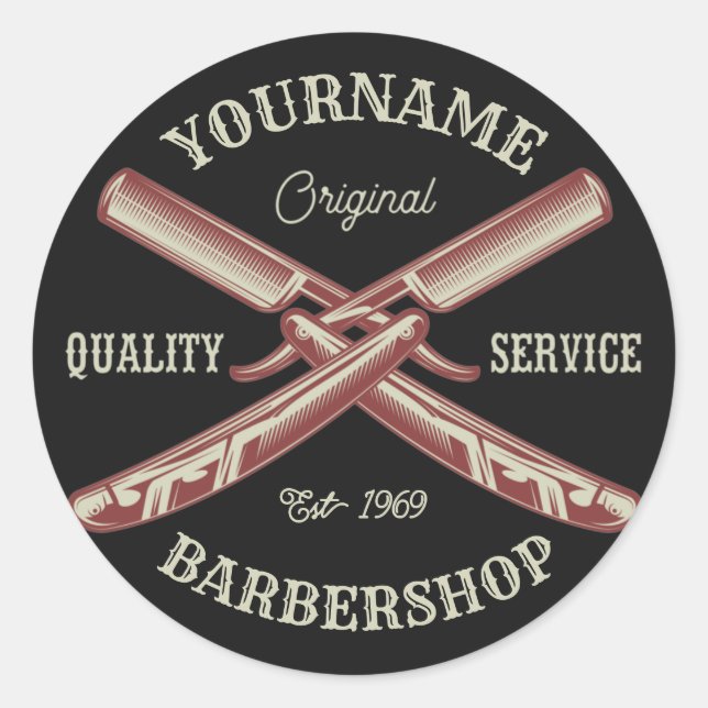 Pegatina Redonda NOMBRE personalizado Barber Straight Razor Barbers (Anverso)