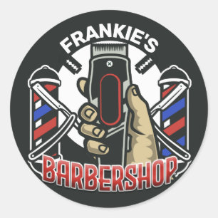 Pegatina Redonda NOMBRE personalizado Barbería de retro de barbería