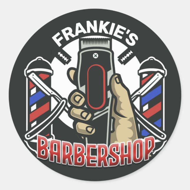 Pegatina Redonda NOMBRE personalizado Barbería de retro de barbería (Anverso)