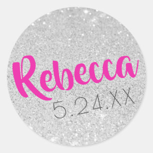 Pegatina Redonda Nombre personalizado Bat Mitzvah Silver Purpurina