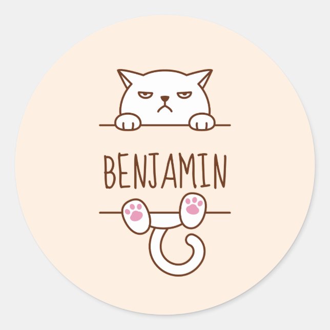 Pegatina Redonda Nombre personalizado Beige de gato blanco enojado (Anverso)