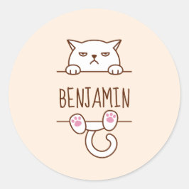 Pegatina Redonda Nombre personalizado Beige de gato blanco enojado
