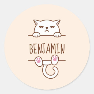 Pegatina Redonda Nombre personalizado Beige de gato blanco enojado
