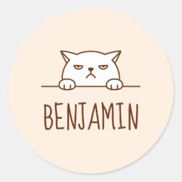 Pegatina Redonda Nombre personalizado Beige de gato blanco enojado