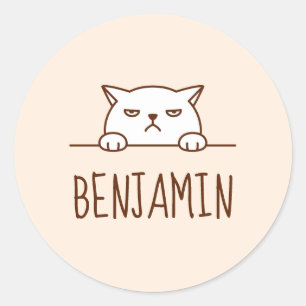 Pegatina Redonda Nombre personalizado Beige de gato blanco enojado