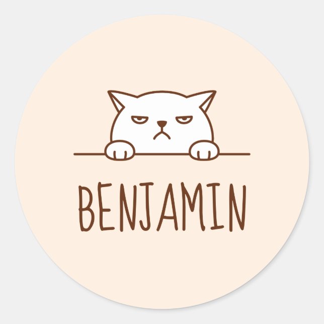 Pegatina Redonda Nombre personalizado Beige de gato blanco enojado (Anverso)