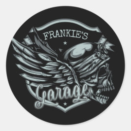 Pegatina Redonda NOMBRE Personalizado Biker Skull Wings Motorcycle 