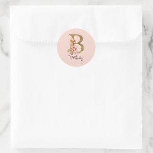 Pegatina Redonda Nombre personalizado Blush rosas rosadas hoja de o