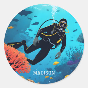 Pegatina Redonda Nombre personalizado Buceador Scuba