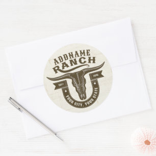 Pegatina Redonda NOMBRE Personalizado Bull Steer Skull Western Ranc