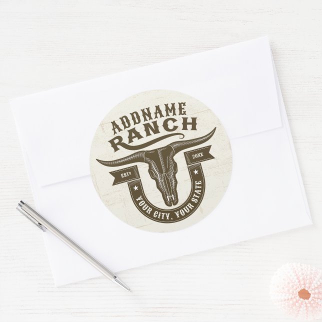 Pegatina Redonda NOMBRE Personalizado Bull Steer Skull Western Ranc (Sobre)